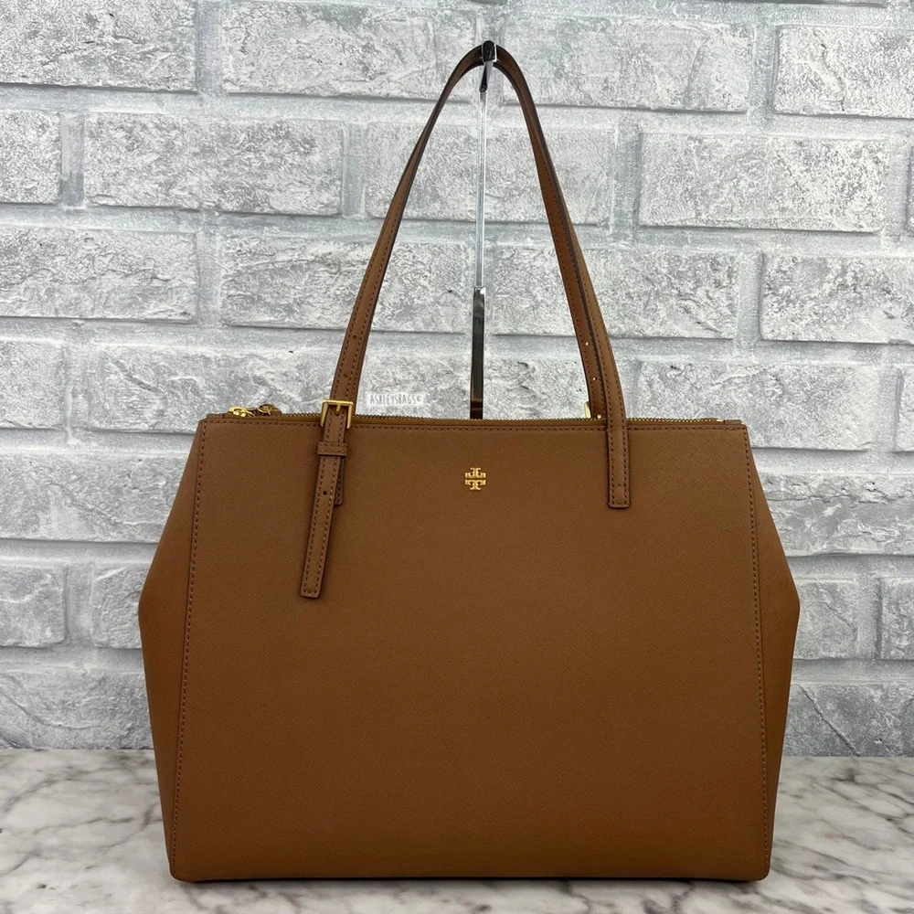 Tory Burch Emerson Large Double Zip Tote & Emerson Slim Wallet In Moose Brown - Picture 2 of 16